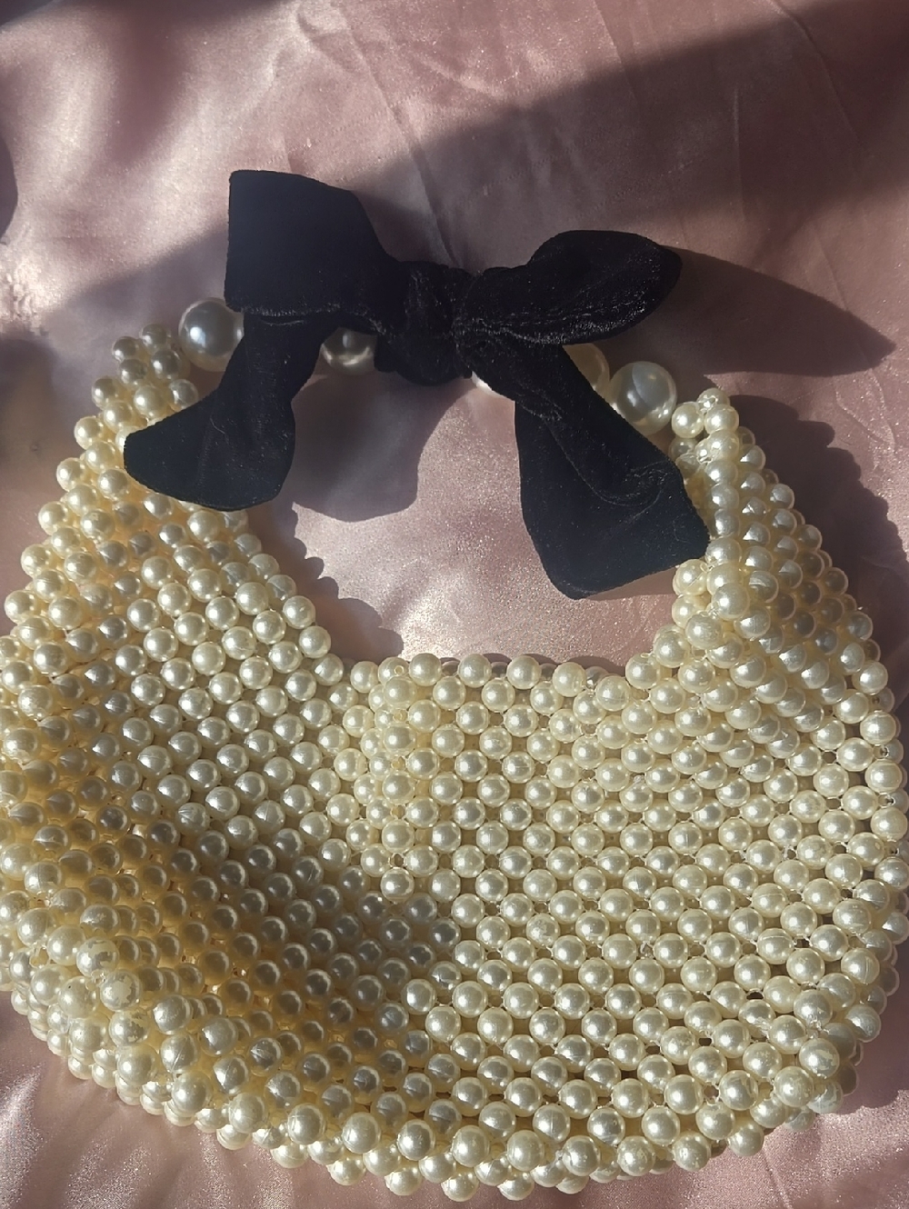 Faux Pearl Beaded Handbag with Black Velvet Bow